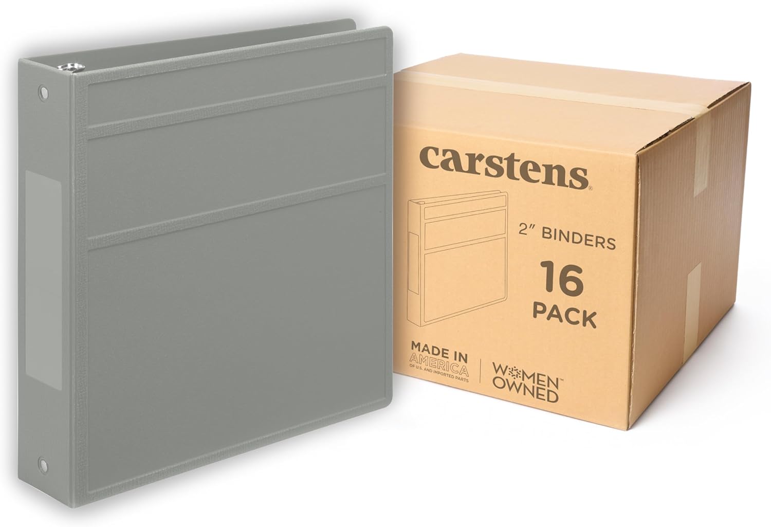 Carstens 2-Inch Heavy Duty 3-Ring Binder - Side Opening, Ash Gray, Durable Plastic, No-Gap Rings, Waterproof Cover No Pockets, Holds 300 Letter-Sized Sheets, BPA-Free, Made in USA (2822-3R) Case of 16
