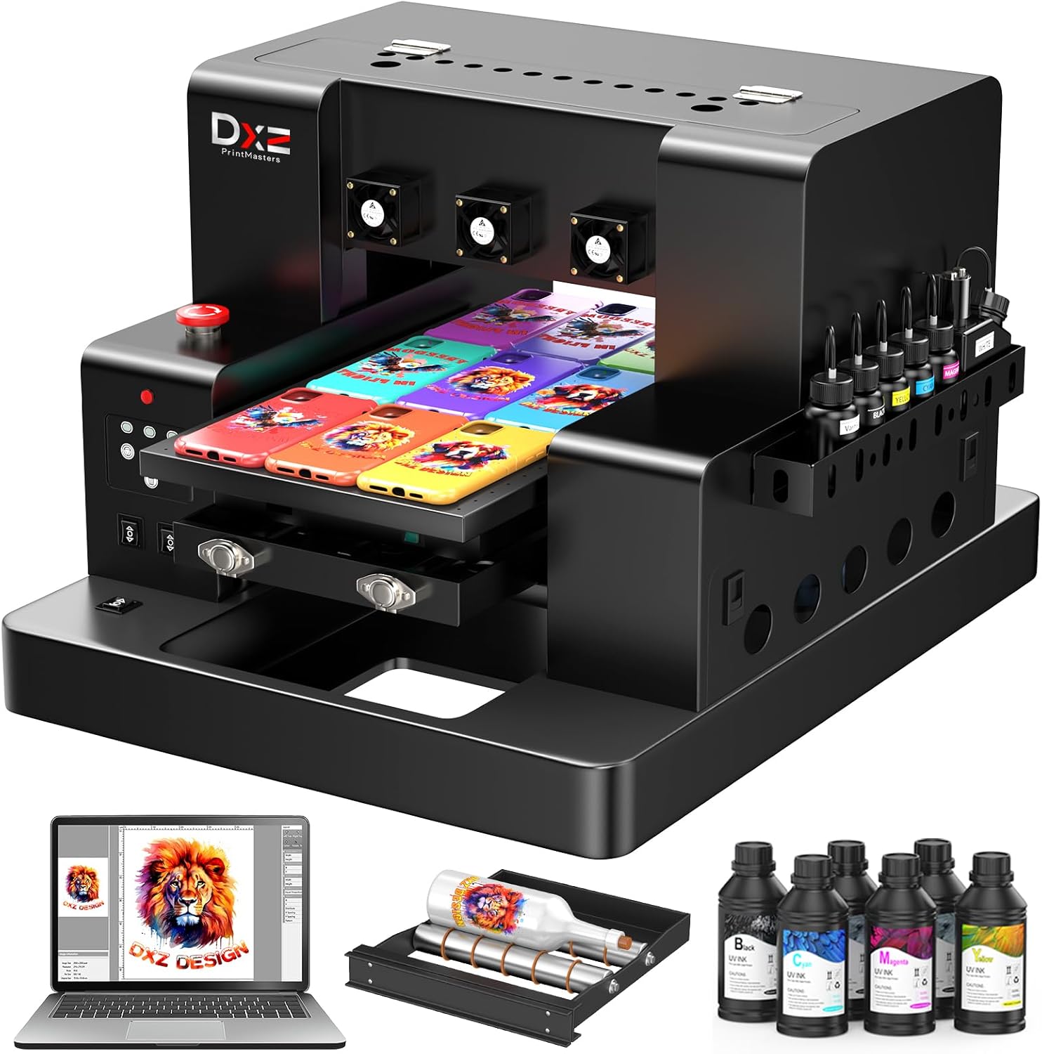 DXZ A3 UV Printer with Laptop,Automatic L805 UV Flatbed Cylinder Printer with Varnish 100% Transfer Rate for Phone Case,Acrylic,Metal,Leather,Golf,Bottle,2-Year Ink Included