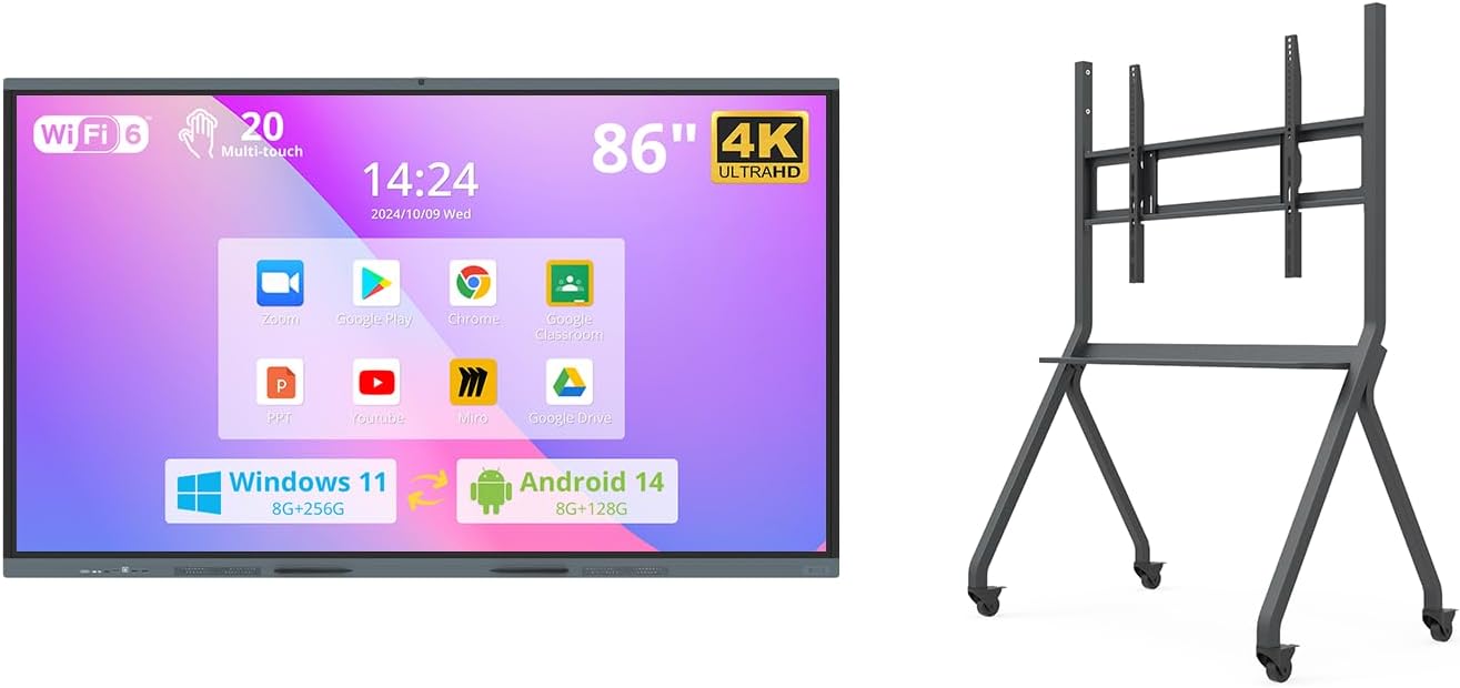 HUSHIDA 86″ Smart Board, 4K UHD Interactive Whiteboard Built in Dual System and 13MP Camera, All in One Digital Whiteboard for Home, Classroom and Business (with Protable Stand)