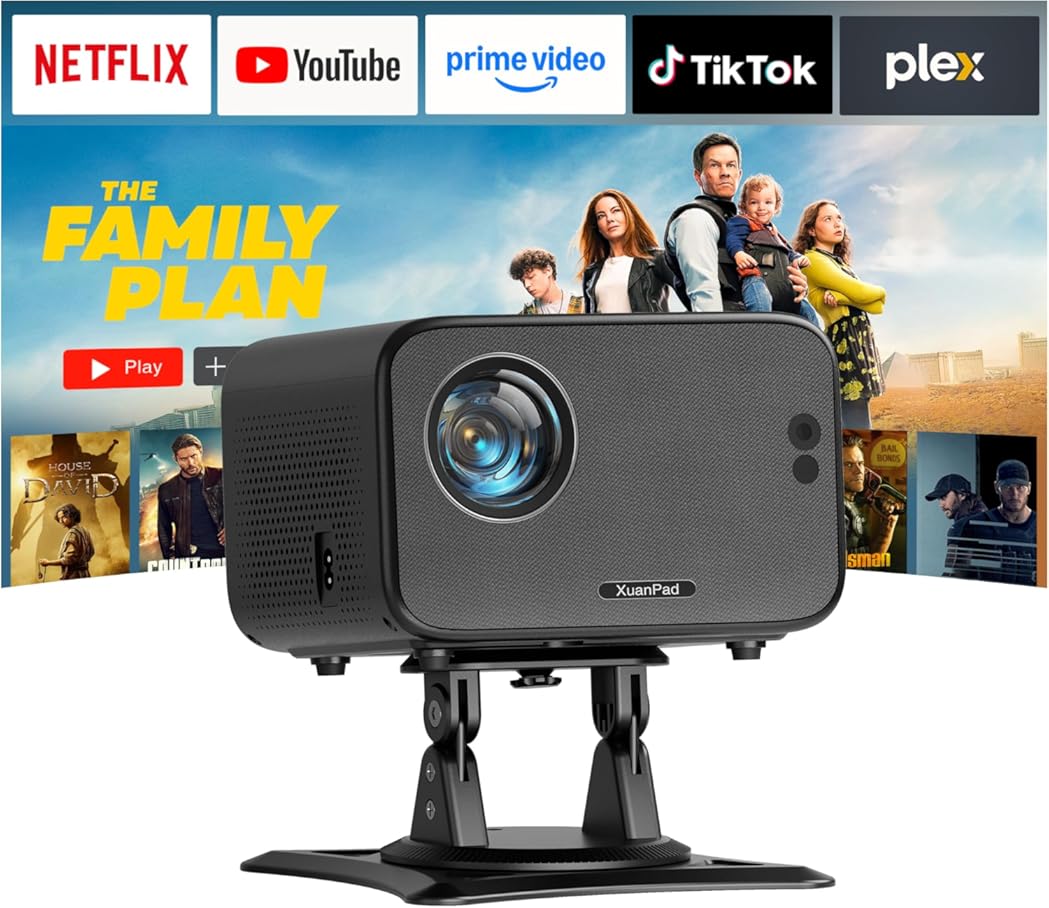 [Netflix Officially & Auto Focus] Projector with WiFi and Bluetooth, XuanPad Full HD 1080P Portable Projector, 210° Rotatable Stand, Auto Keystone, Dust Removal and Heat Dissipation Design