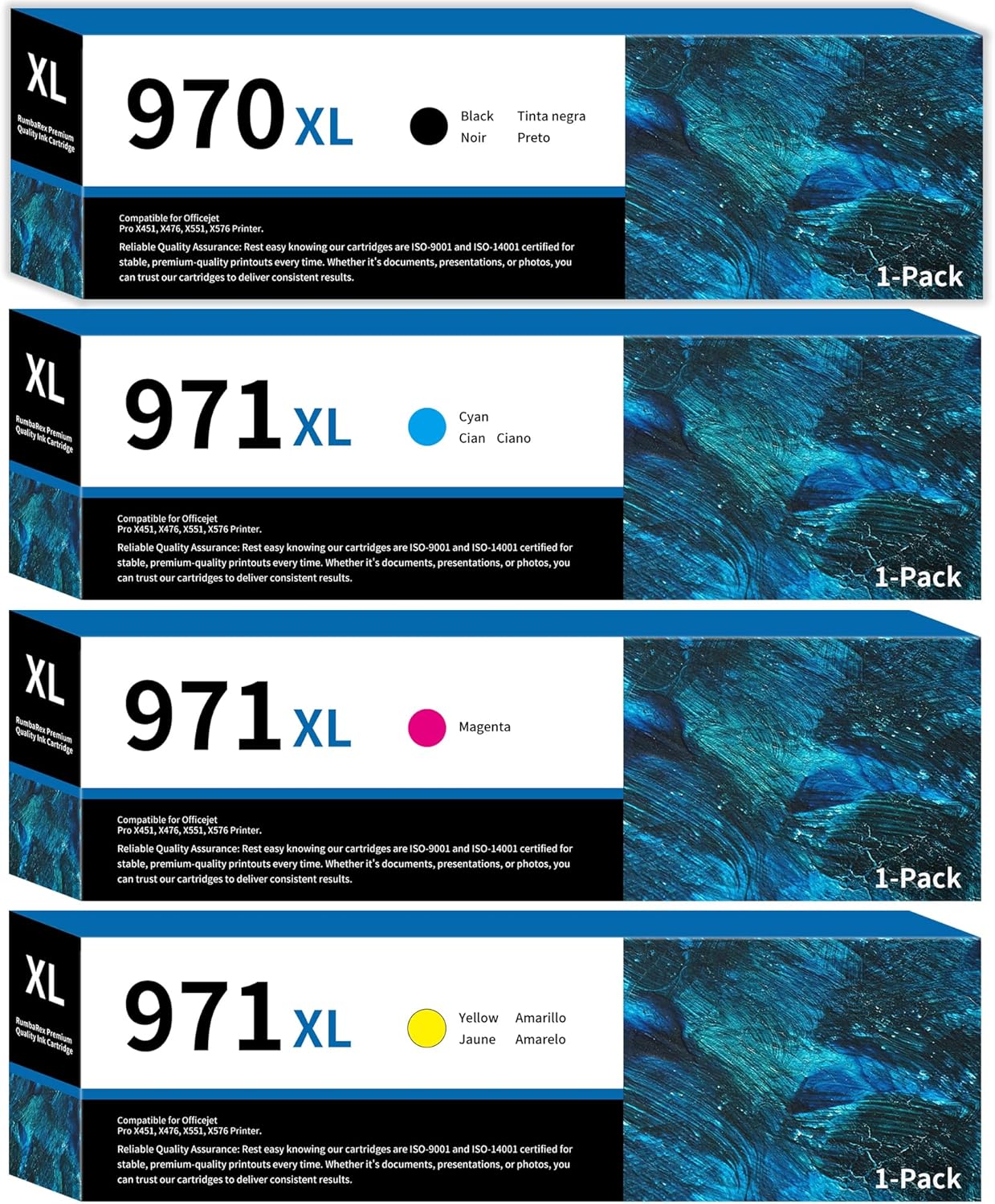 970XL 971XL Ink Cartridges Set High-Yield Replacement for HP 970 971 XL Ink Cartridges for OfficeJet Pro X451dw X451dn X476dw X476dn X576dw X551dw Printer Ink 4-Pack (Black Cyan Magenta Yellow)