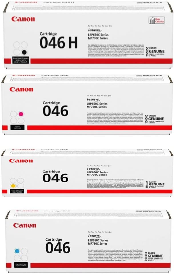 Canon 046 Toner Cartridge ImageCLASS LBP654Cdw, LBP654Cx, MF731Cdw, MF733Cdw, MF735Cdw - High Yield Black and Standard Yield Cyan, Magenta and Yellow - 4 Pack in Retail Packaging