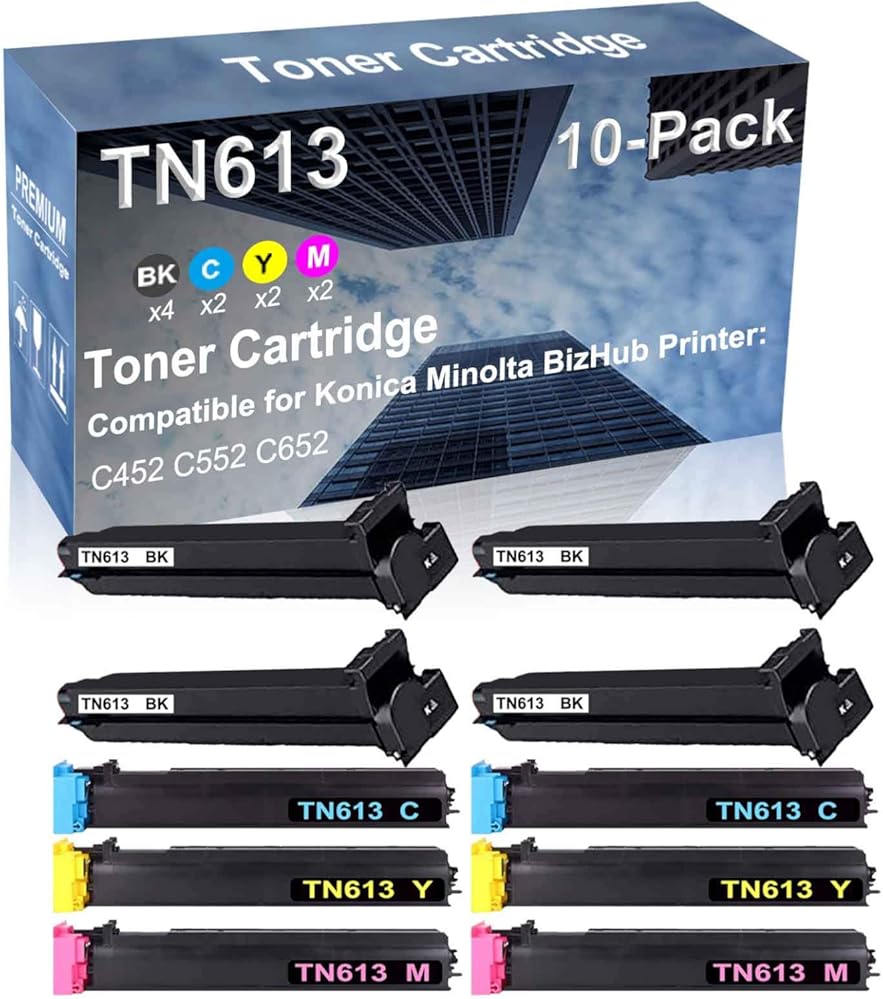 10-Pack (4BK+2C+2Y+2M) Compatible High Yield TN613 (TN613K+ TN613C+ TN613Y+ TN613M) Laser Printer Toner Cartridge Used for Konica Minolta BizHub C452 C552 C652 Printer