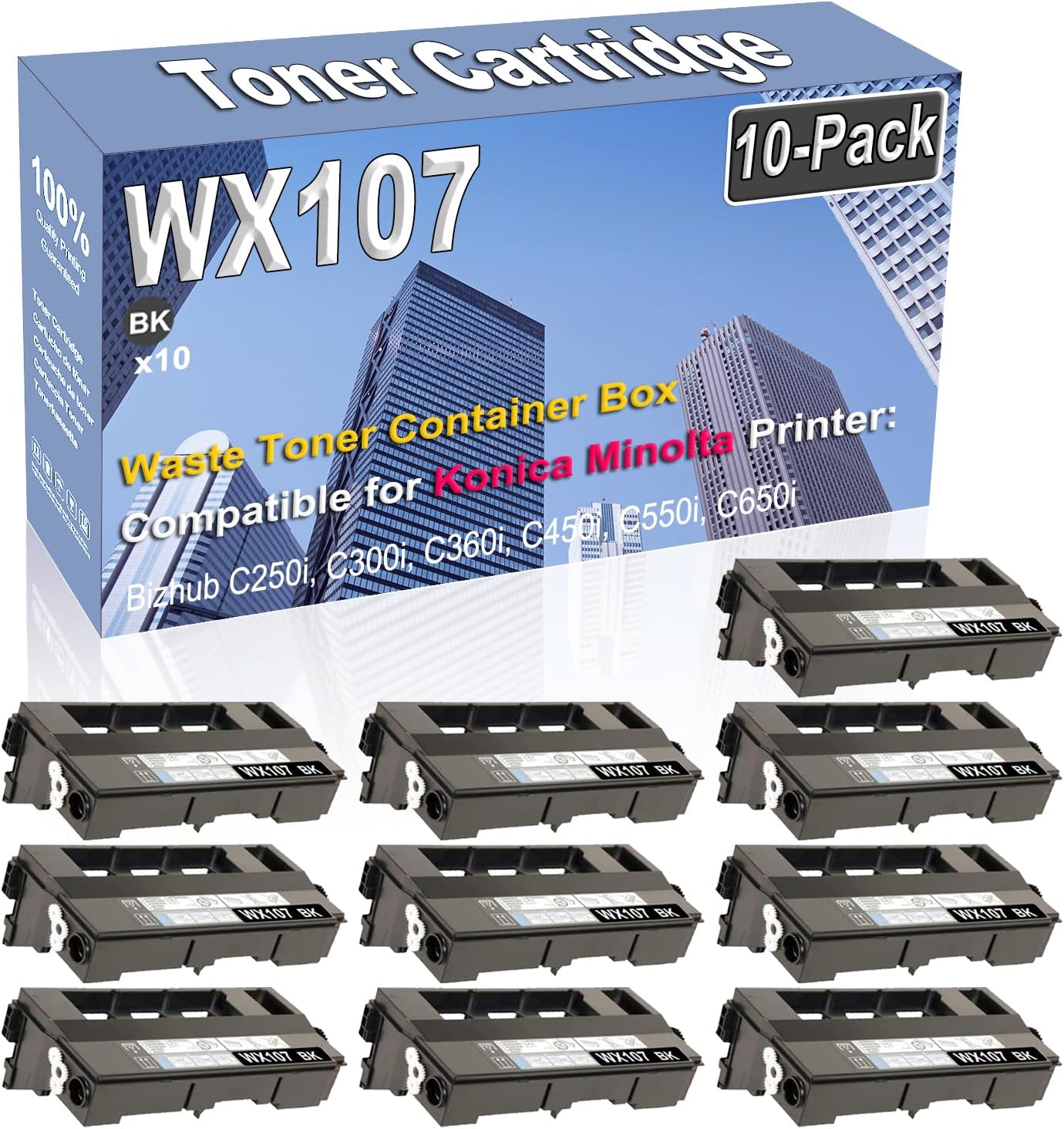 10-Pack (Black) Compatible High Capacity WX-107 WX107 (AAVA0Y1) Waste Toner Container Box Used for Konica Minolta Bizhub C250i C300i C360i C450i C550i C650i Printer