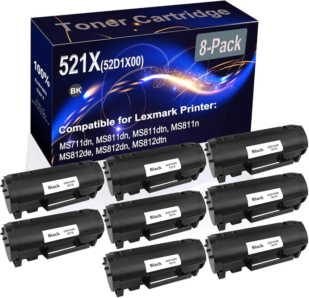 Kolasels 8-Pack (Black) Compatible High Yield 521X 52D1X00 Extra Printer Cartridge use for MS711dn MS811dn MS811dtn MS811n MS812de MS812dn MS812dtn Printer