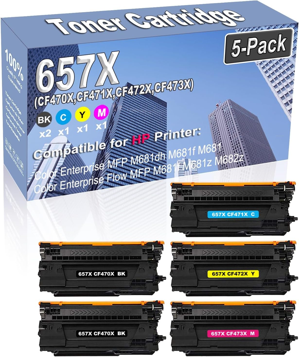 5-Pack (2BK/C/Y/M) Compatible High Capacity 657X (CF470X CF471X CF472X CF473X) Color Toner Cartridge use for HP Color Enterprise MFP M681dh M681f M681 Printer