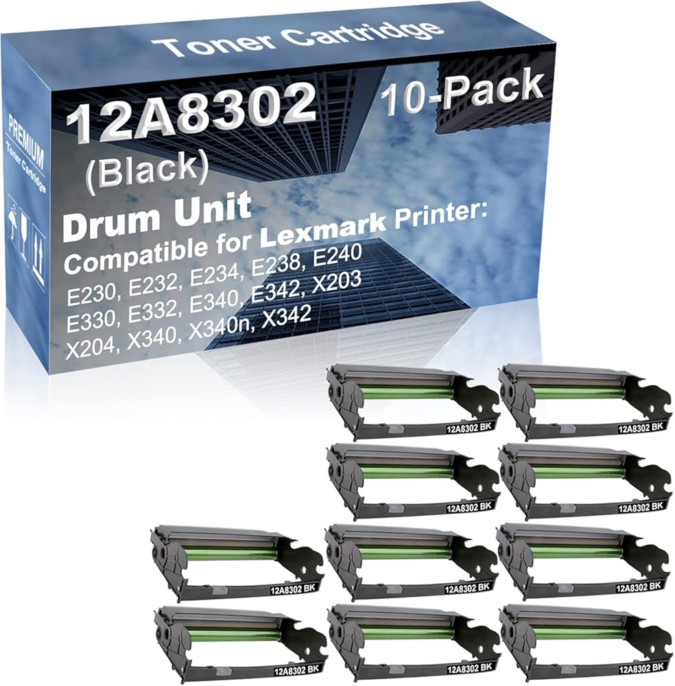 10-Pack Compatible 12A8302 X340H22G Drum Kit use for Lexmark E230, E232, E234, E238, E240 Printer (Black)