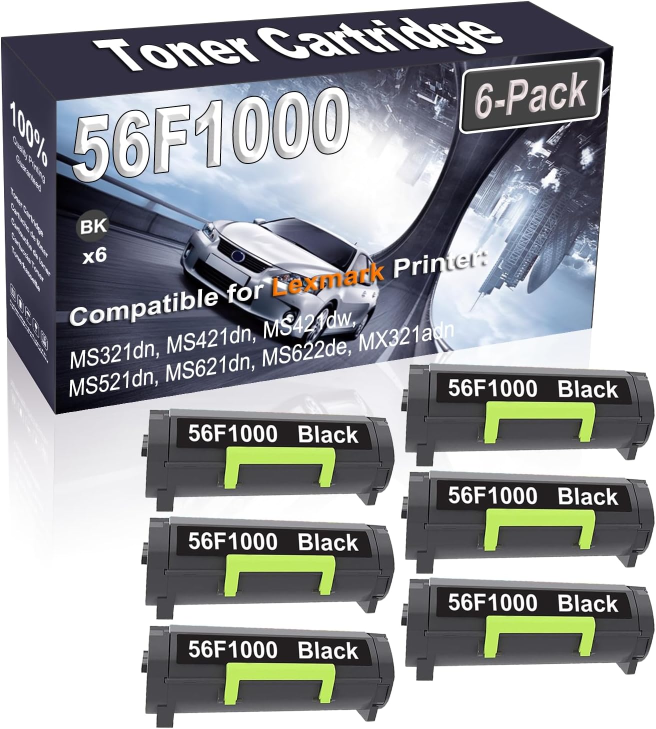 Kolasels 6-Pack (Black) Compatible MS321dn MS421dn MS421dw MS521dn MS621dn Laser Printer Cartridge (High Capacity) Replacement for 56F1000 Printer Cartridge