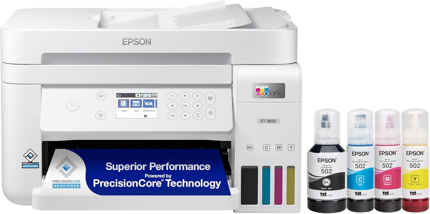 Epson EcoTank ET-3850 Wireless Color All-in-One Cartridge-Free Supertank Printer with Scanner, Copier, ADF and Ethernet – The Perfect Printer Home Office,White