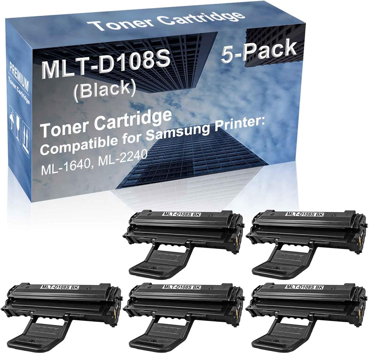 5-Pack Compatible High Yield ML-1640, ML-2240 Printer Cartridge Replacement for MLT-D108S Toner Cartridge (Black)
