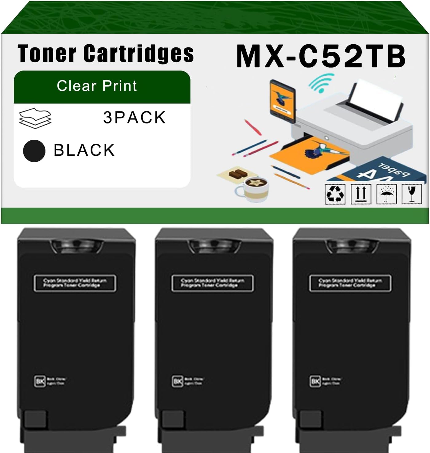 AGNNQ Compatible for Sharp MX-C52TB MX-C52TC MX-C52TM MX-C52TY Toner Cartridges MX-C528F MXC52TM MX-C428F Printers, High Yield 35000 Pages Bright Clear Colors (3 Pack Black)