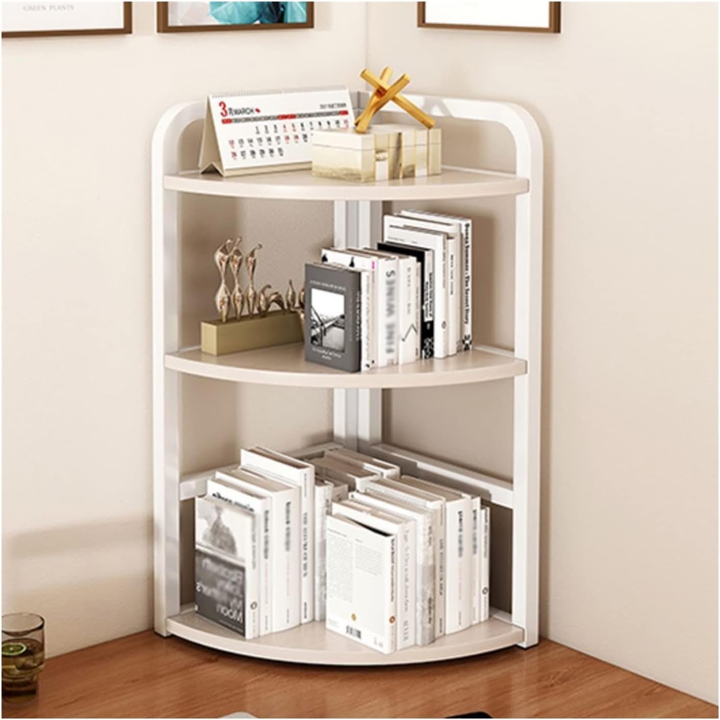 Bookcase 3-Tier Corner Shelf Bookshelf White Countertop Storage Organizer Display Shelves for Kitchen Bathroom Office, Space Saving Standing Shelving Unit Book Shelf