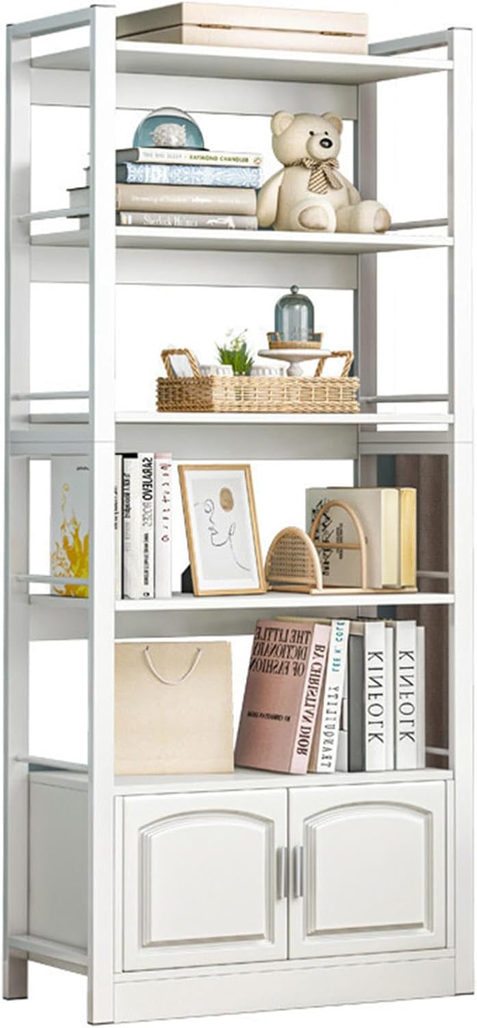 LoKori White Bookcase and Bookshelf, 5-Tier Bookshelves with Drawer Cabinet,Standing Storage Organizer for Bedroom, Living Room, or Home Office