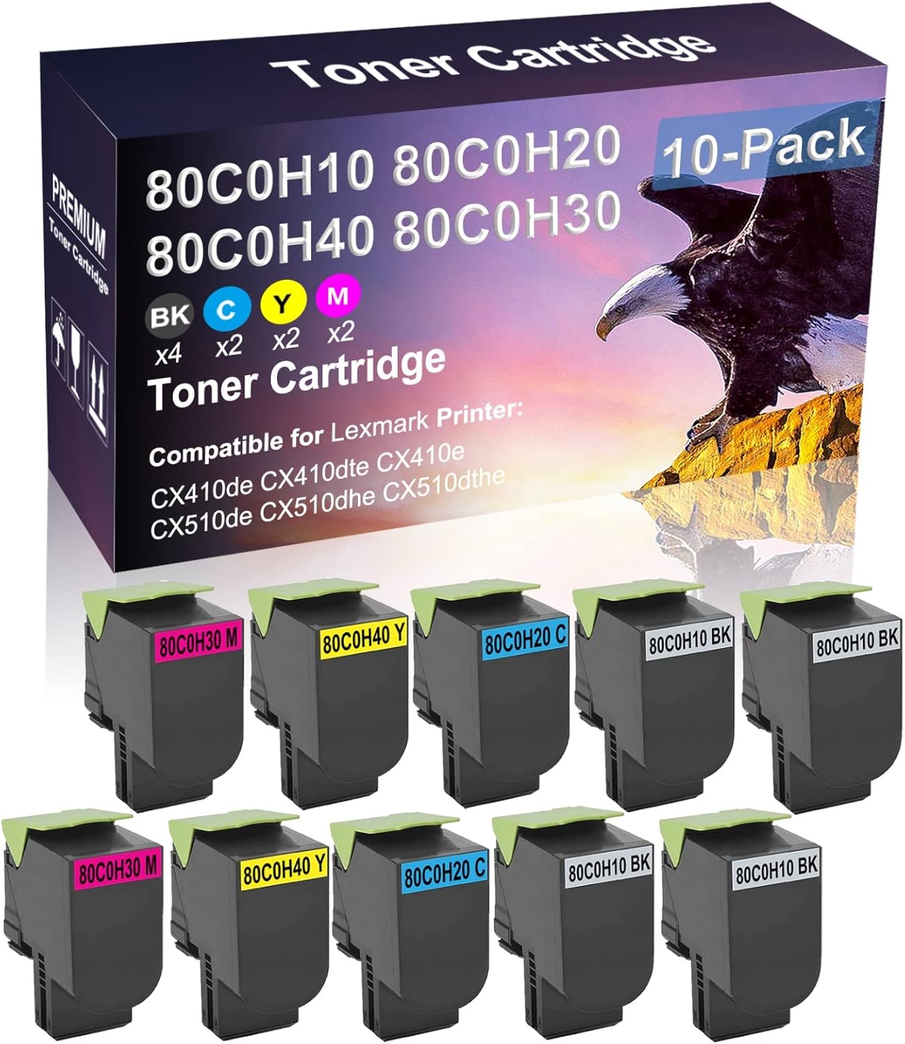 Credibility Store 10 Pack (BK+C+Y+M) Compatible (High Yield) 80C0H10 80C0H20 80C0H40 80C0H30 Toner Cartridge Used for CX510de CX510dhe CX510dthe Printer