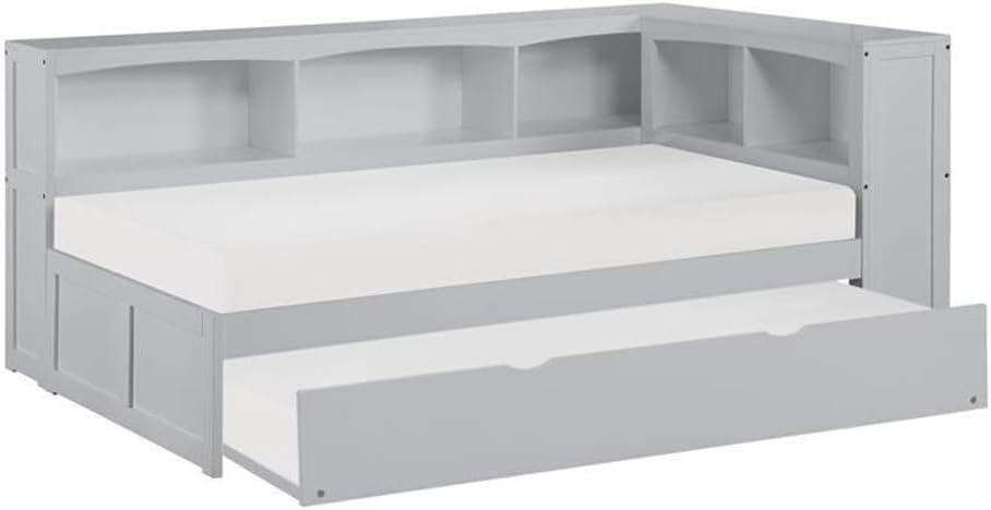 Pemberly Row 5-Shelf Wood Twin Bookcase Corner Bed with Storage Boxes in Gray