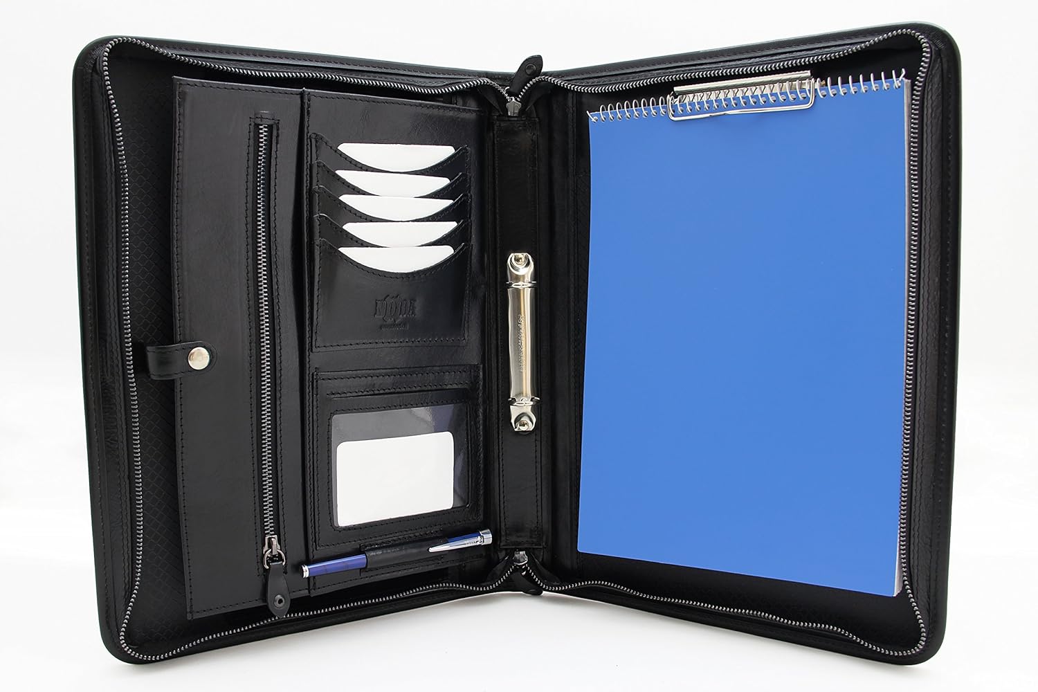 Noda Executive Italian Leather Padfolio 2 Ring Binder Professional Business Portfolio w/Zippered Closure | Resume, Document,Tablet, Clipboard, Writing Pad Organizer | Men, Women with Handle (Black)