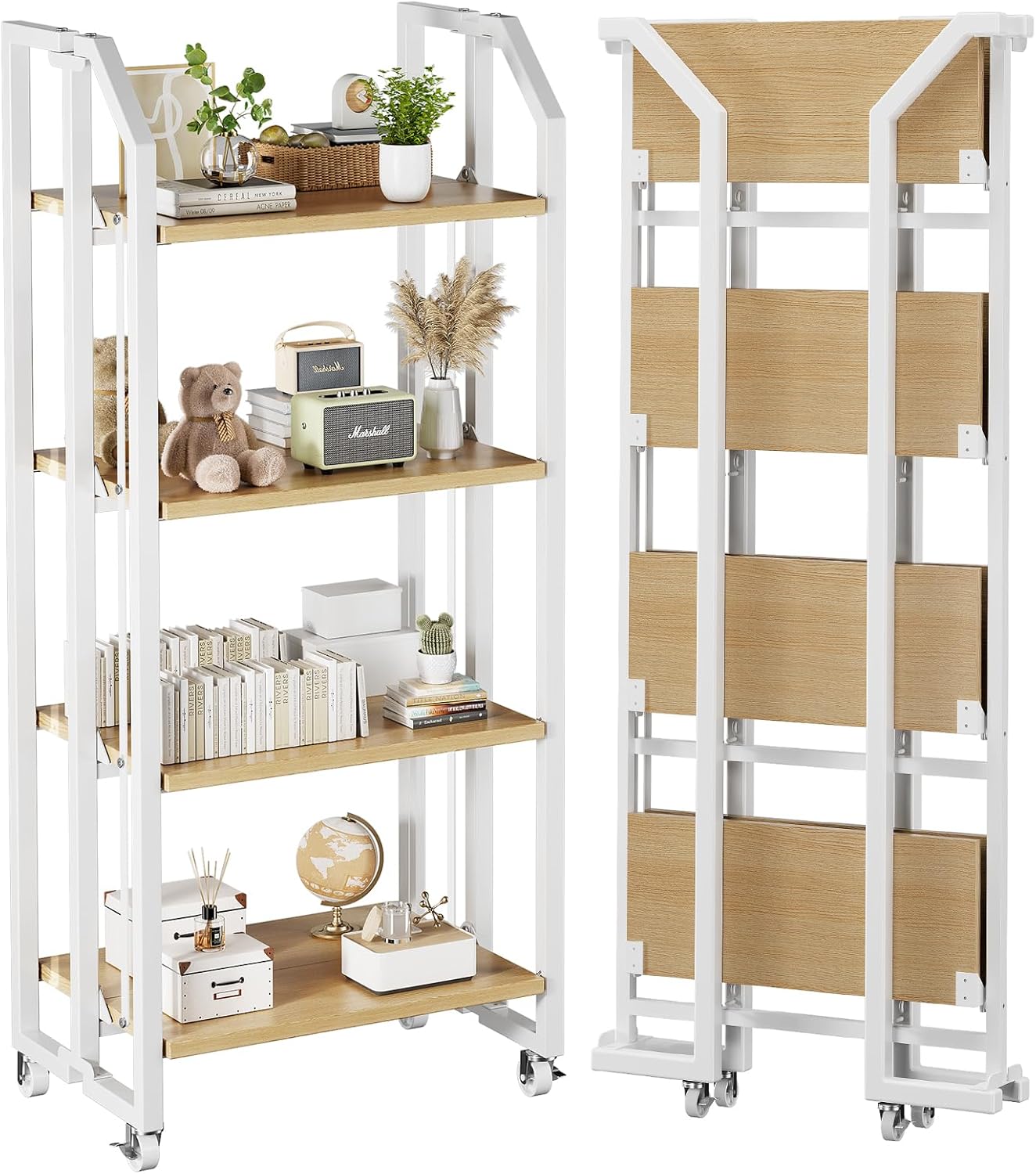 VYRIVA No Assembly Double-Sided Folding Bookshelf for Living Room, 4 Tier Collapsible Book Shelf for Home Office, Portable Bookcase Storage Organizer
