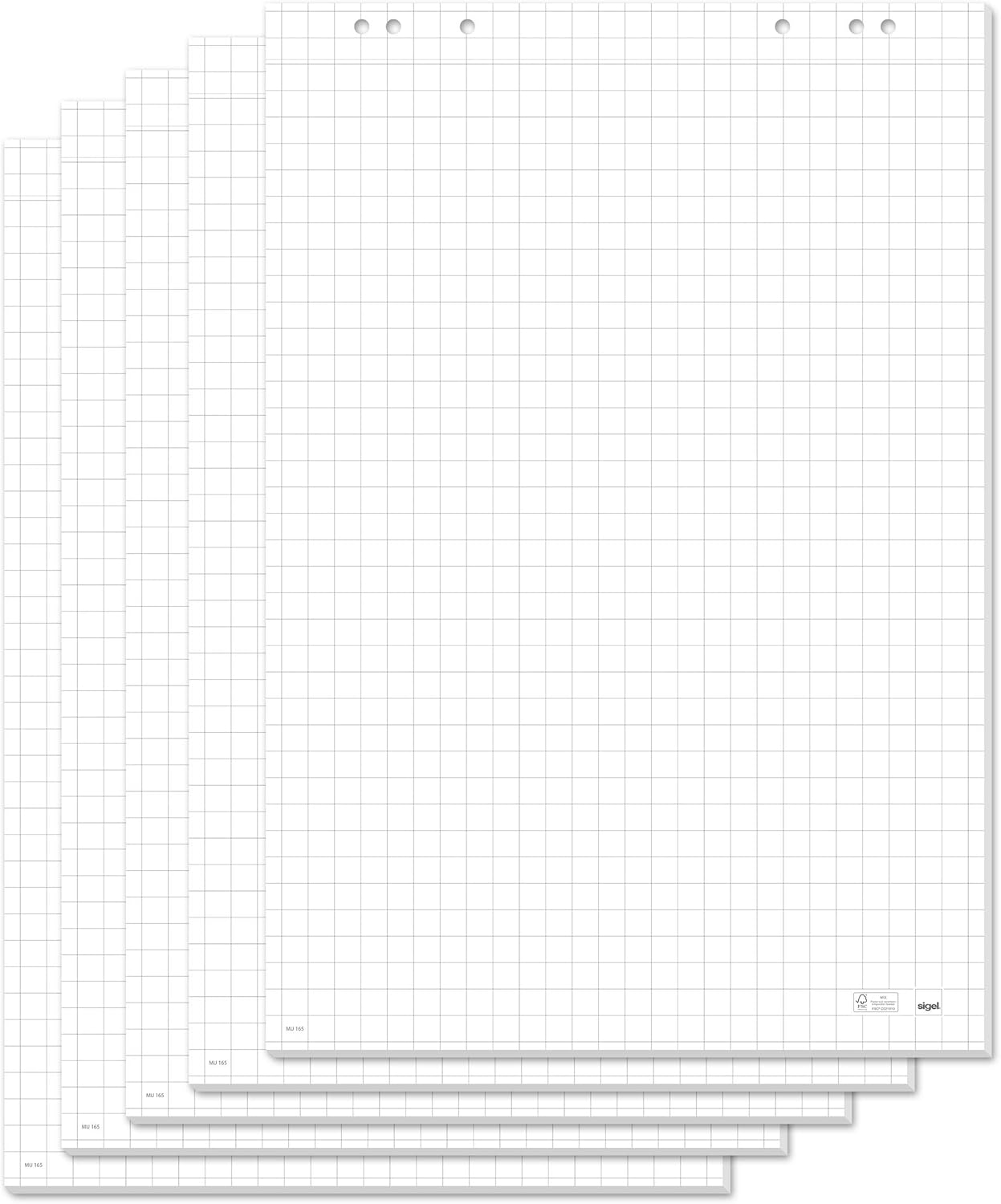 SIGEL MU165 FliPiecehart Pads, with Perforations, Squared, 68 x 98 cm, White, 5 Pads x 20 Sheets
