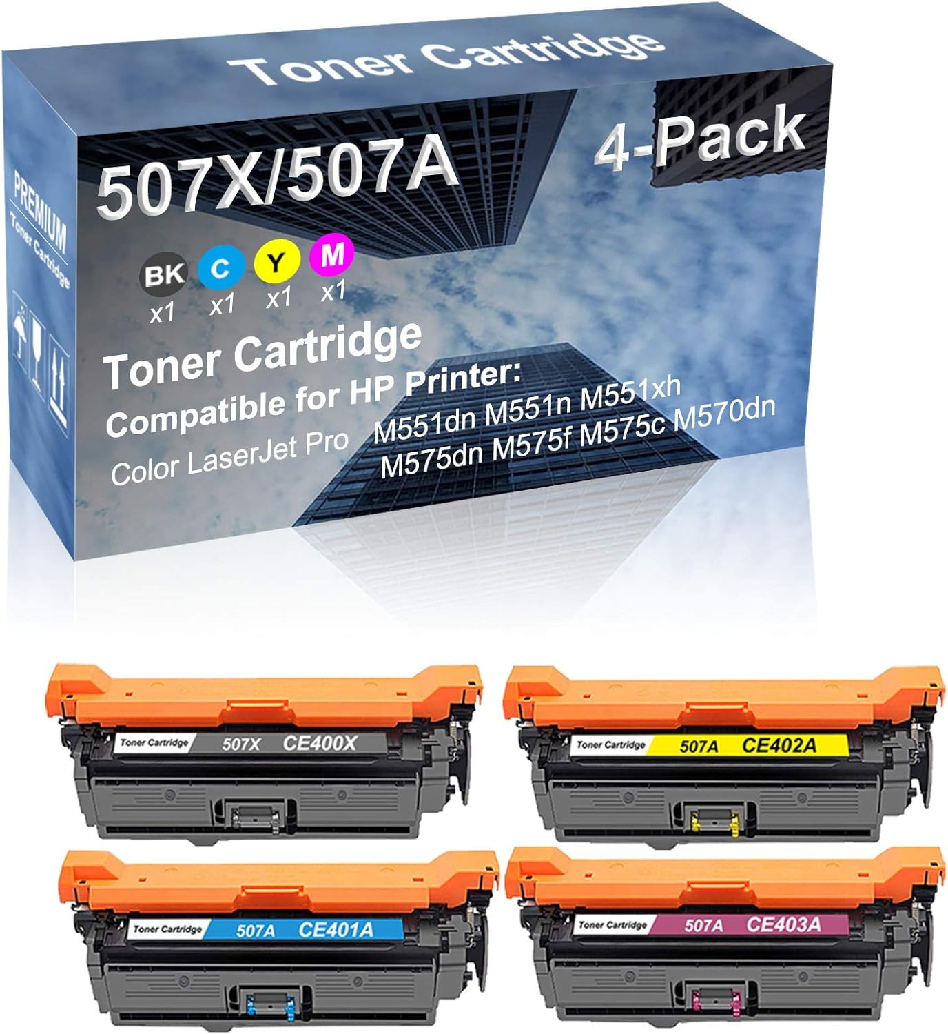 4-Pack (BK+C+Y+M) Compatible High Capacity 507X 507A (CE400X+ CE401A+ CE402A+ CE403A) Toner Cartridge use for M551dn M551n M551xh Printer