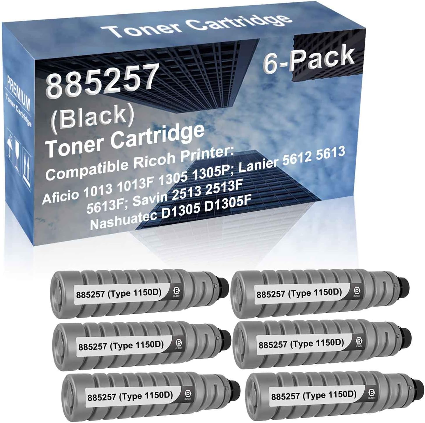 6-Pack Compatible High Capacity 885257 (Type 1150D) Printer Cartridge use for Ricoh Aficio 5612 5613 5613F (Black)