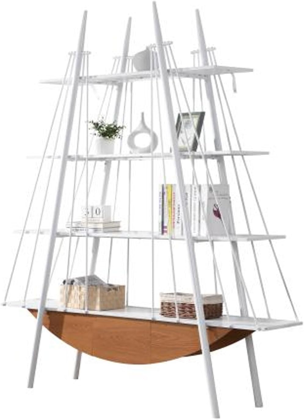 LEJUNMEISS Bookshelf 4-Tier Open Storage Shelf Sailboat Inspired with Drawer Wooden Bookcase for Living Room Office Home Decoration-White