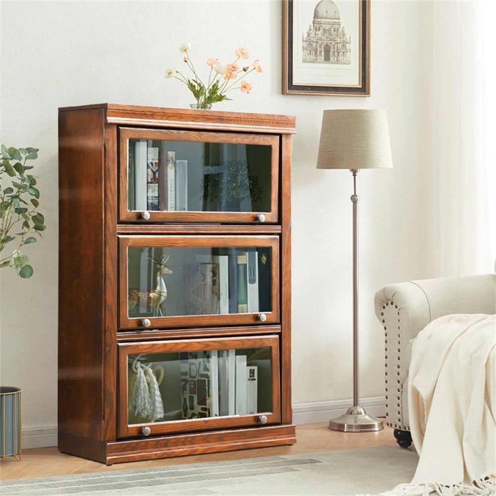 KWOKING Wooden Barrister Bookcase Contemporary Closed Back Glass Doors Office Storage Cabinet Floor-to-Ceiling Low Cabinet Bookcase Against Wall Dustproof Bookshelf Brown 31.5