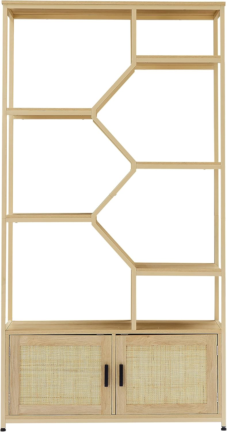 Rattan Bookshelf Tall Bookcase with Storage Cabinet Open Book Shelf Display Storage Rack 39.4'' W x 13.8'' D x 75.6'' H Bookcase for Living Room & Home Office, Open Display Storage Shelf