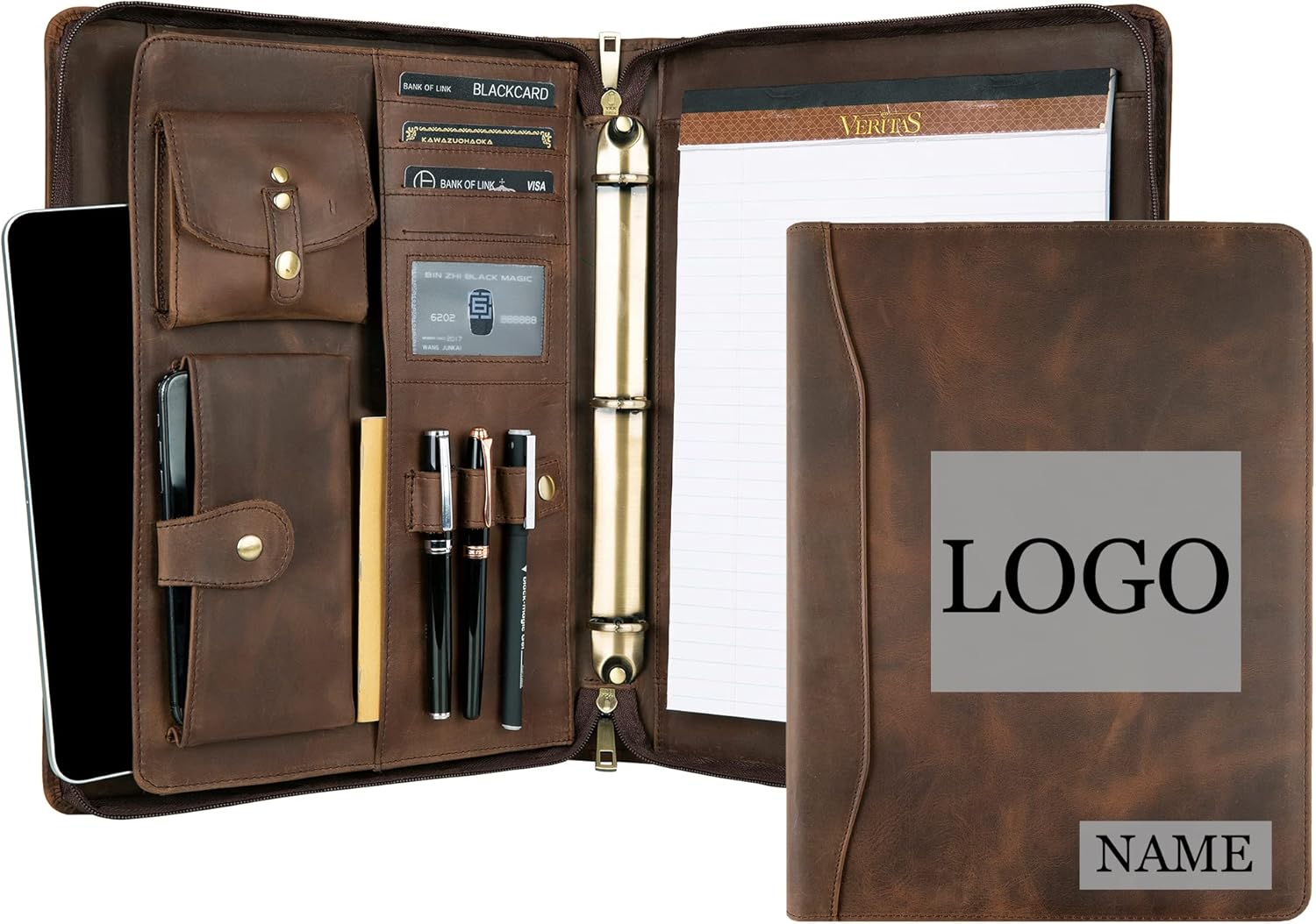 DUKE&COW Leather Portfolio with 3 Ring Binder, Personalized Binder Padfolio Executive Folio Zippered, Engraved Folder Organizer, Custom Gift for Men Women （Dark Khaki, Custom）