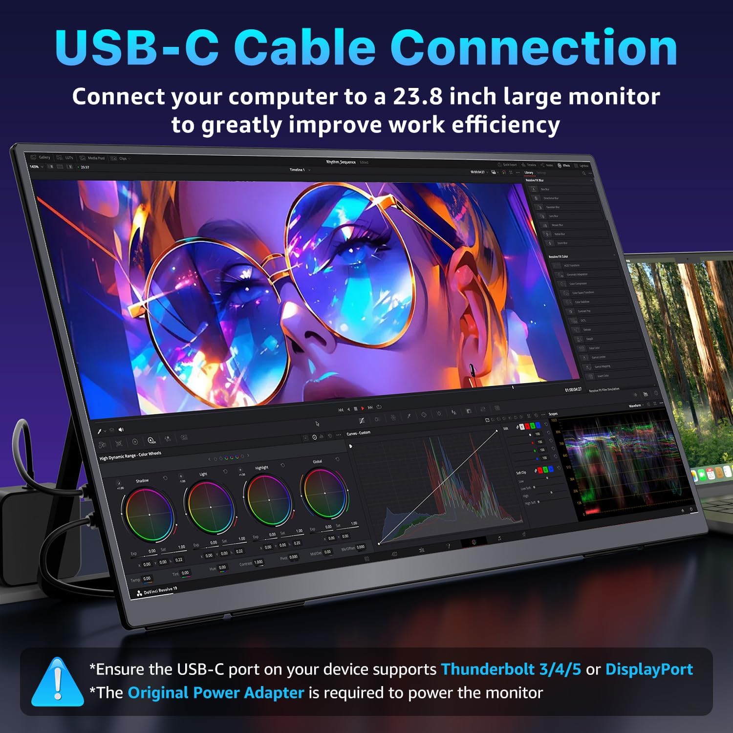 Portable Monitor 23.8 inch 4K 3840X2160 144% sRGB 60Hz HDR HDMI USB-C Travel Monitor for Laptop MacBook PC Surface PS5 Xbox, Large External Display with Kickstand & Speakers, VESA Compatible