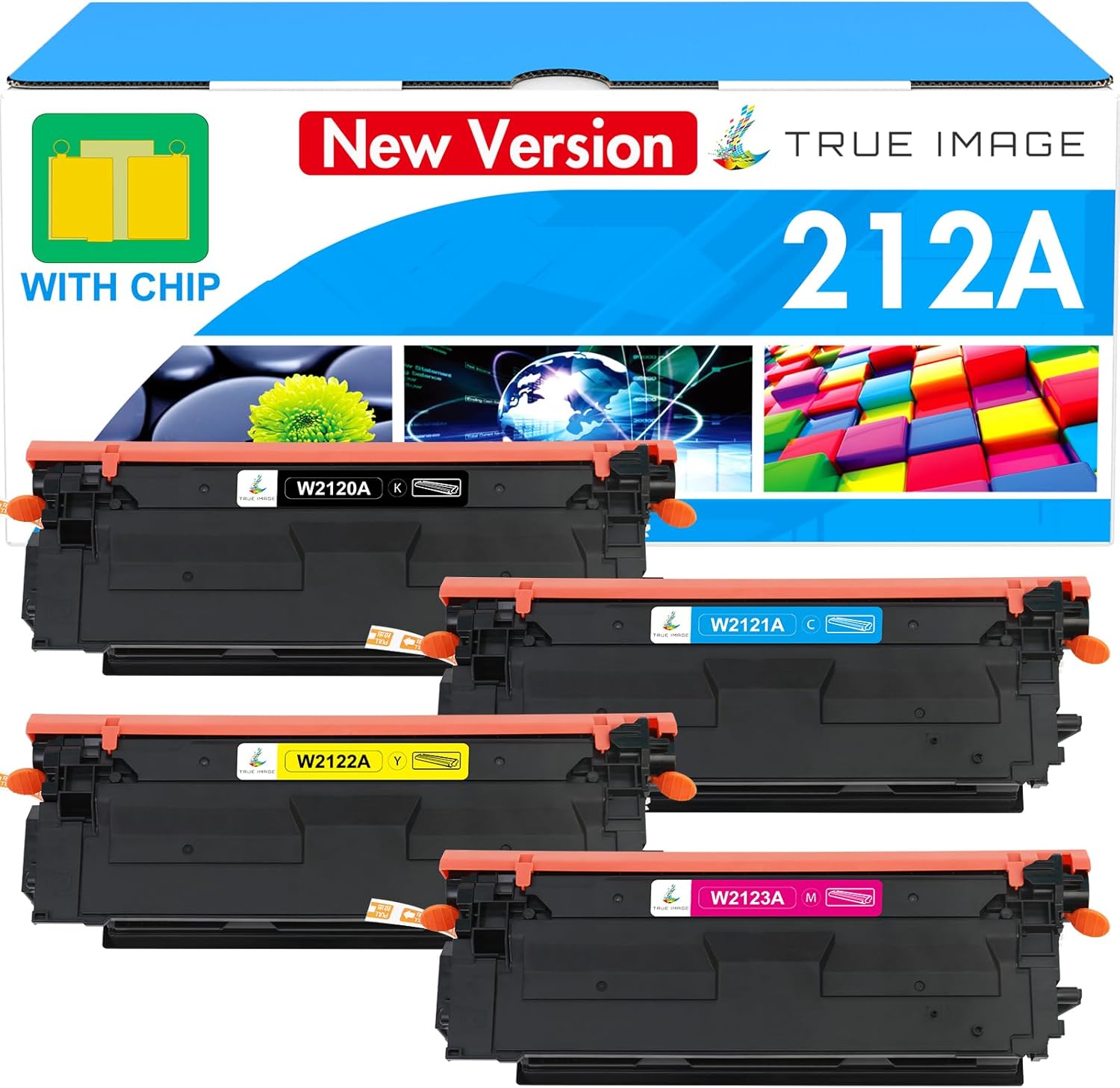 212A Toner Cartridges 4 Pack (with Chip) Compatible for HP 212A W2120A 212X W2120X Toner Work for Color Enterprise M554dn M555dn M555x M554 M555 MFP M578 Series Printer Ink (New Version-BK/C/Y/M)