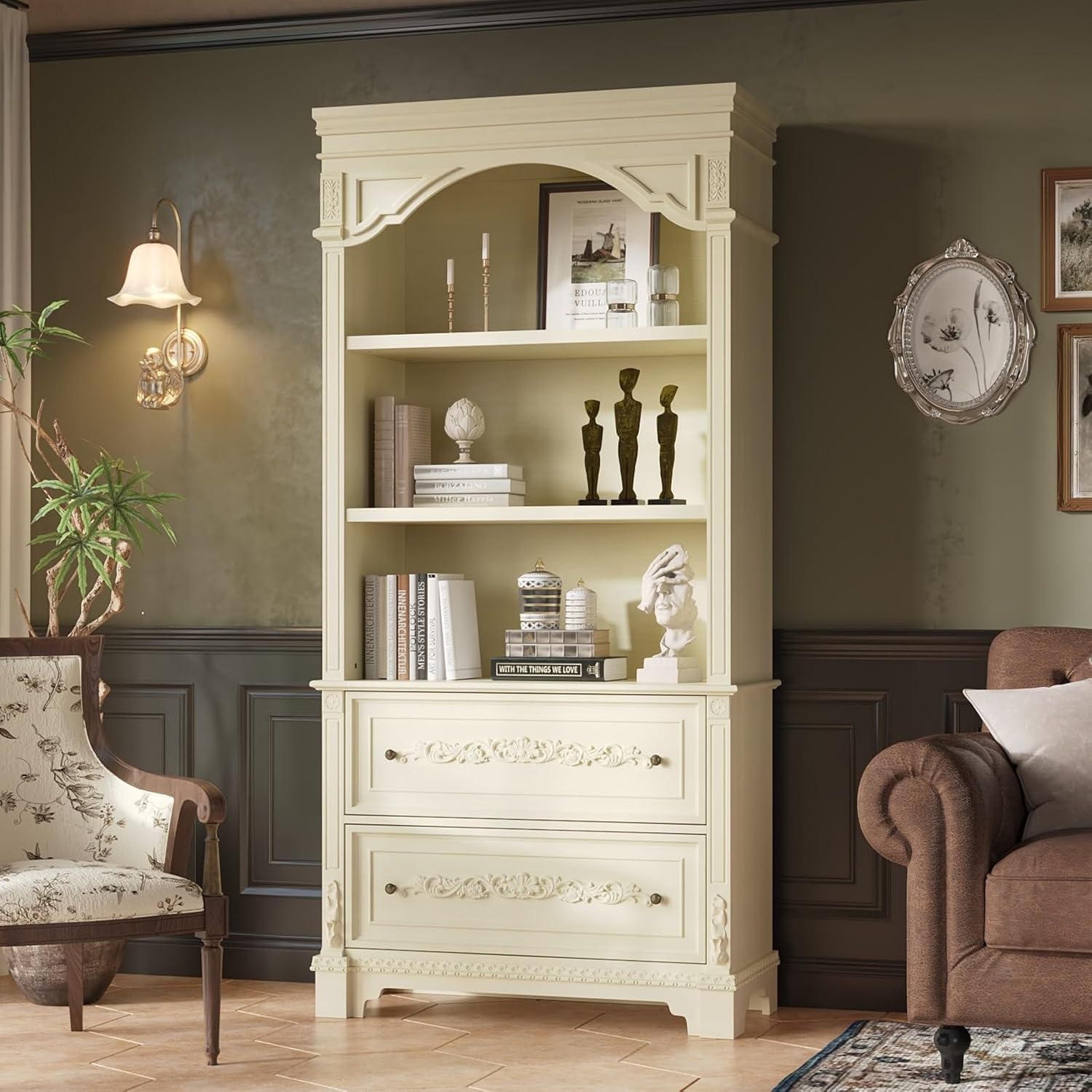 JOIKUJIA Vintage Arch Bookshelf with 2 Drawers and 3 Shelves, Decorative Display Bookcase, Carved Floral Patterns, Ivory 36.2”W x 15.4”D x 76.6”H