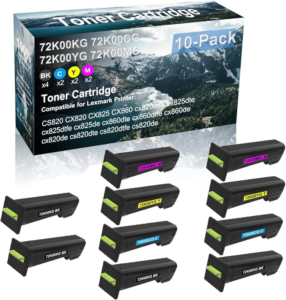 10 Pack (BK+C+Y+M) Compatible Color Toner Cartridge Replacement for Lexmark 72K00KG 72K00CG 72K00YG 72K00MG Printer Cartridge use for Lexmark cx825dtfe cx825de cx860dte cx860dtfe cx860de Printer