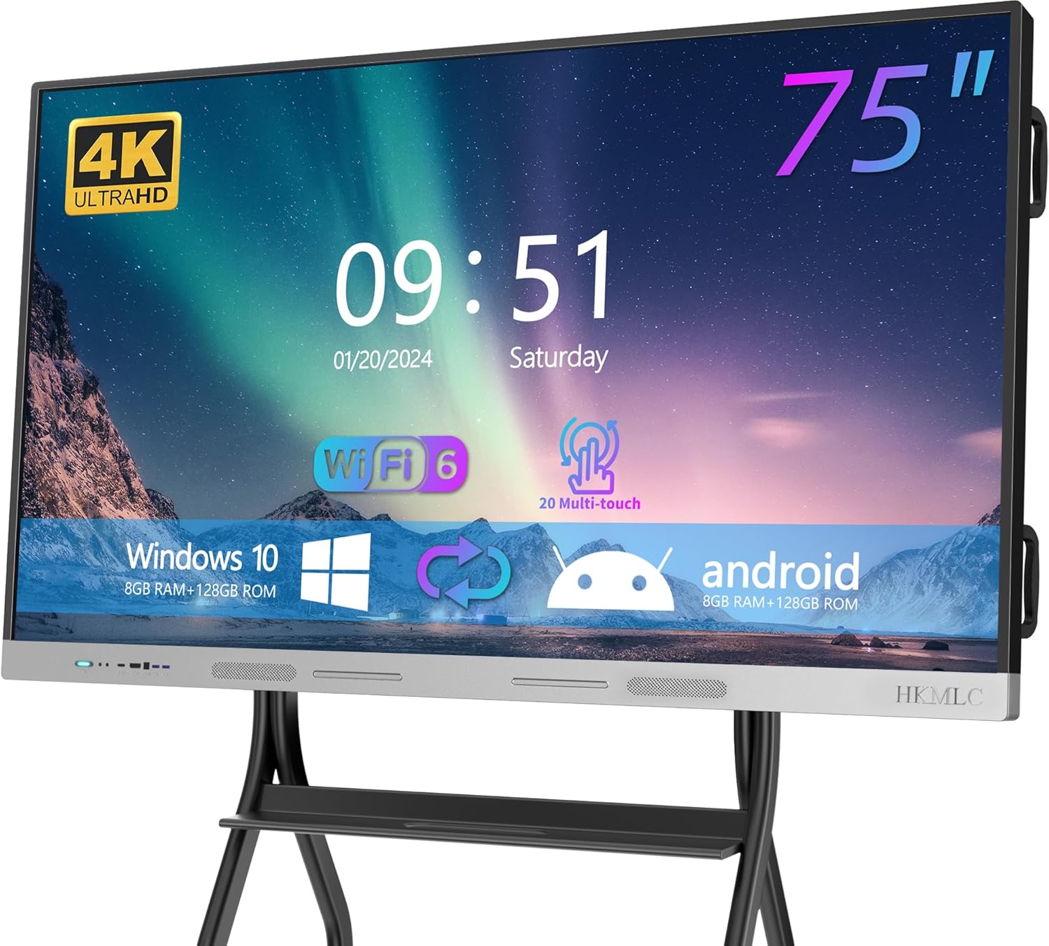 HKMLC Smart Board Elite Dual 75 Inch, Interactive Whiteboard 4K UHD Built-in Dual System Touchscreen Digital Whiteboard, All-in-One Electronic SmartBoard for Classroom and Office (Wall Mount Included)
