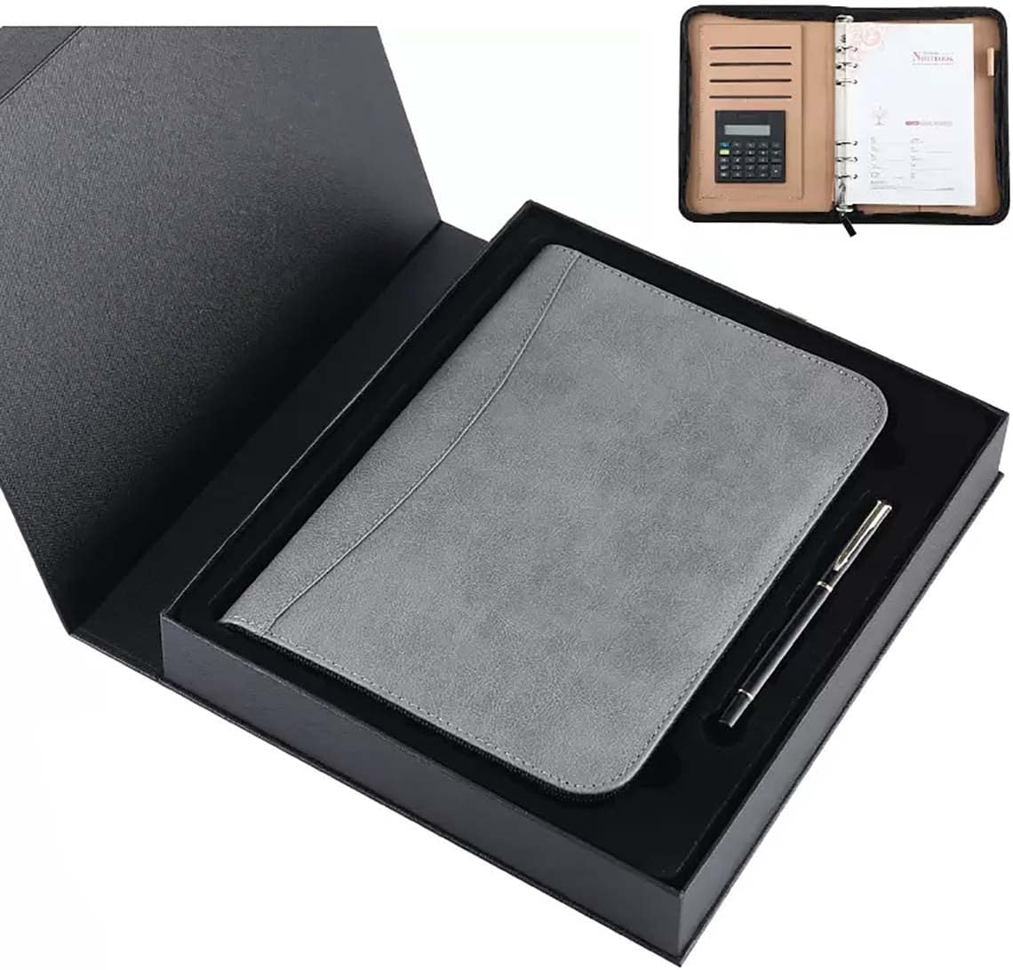 XSMYdpUS Document Organizer Folio,Leather Binder, A5 PU Faux Leather Conference Folder Business Office Work Portfolio Organiser Padfolio Folder with Calculator 6 Ring Binder Clipboard with Box(Grey a