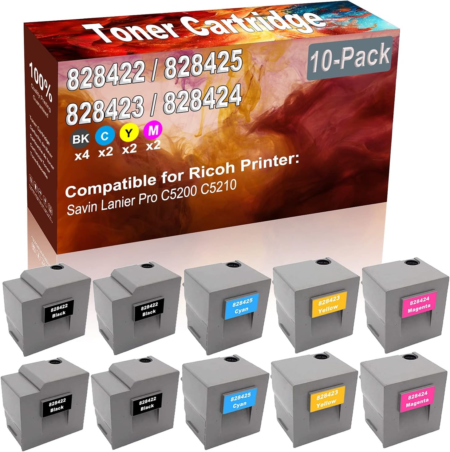 10-Pack (4BK+2C+2Y+2M) Compatible Savin Lanier Pro C5200 C5210 Laser Printer Toner Cartridge (High Capacity) Replacement for Ricoh 828422 828425 828423 828424 Printer Toner Cartridge