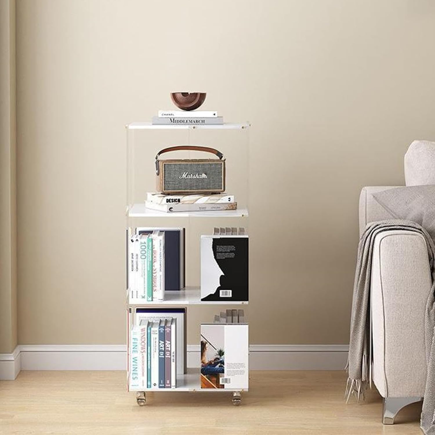 GUODDM 3 Tier Rolling Bookcase - Bamboo 360 Rotating Bookshelf, Modern Movable Storage Organizer Holder Book Rack with Wheels for Bedroom, Living Room Home and Office, White