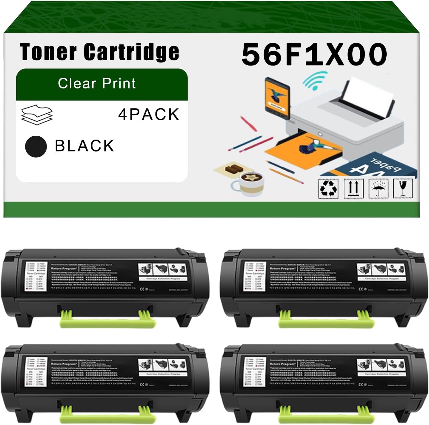 Compatible for Lexmark 56F1X00 Toner Cartridge MX522adhe MX622ade MX622adhe Printers, High Yield 30000 Pages Bright Clear Colors (4 Pack Black)