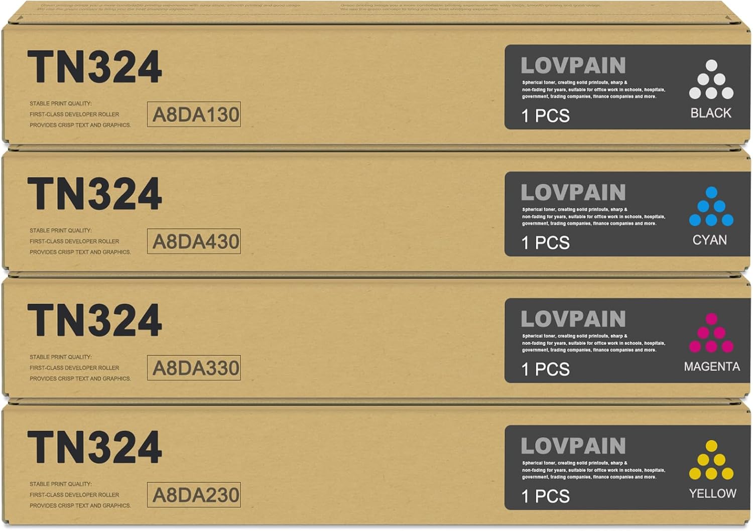 LOVPAIN TN-324 TN324 Toner Cartridges Set (4-Pack, Black/Cyan/Magenta/Yellow) - TN324K TN324C TN324M TN324Y Toner Cartridge Replacement for Konica Minolta Bizhub C258 C308 C368 Printer