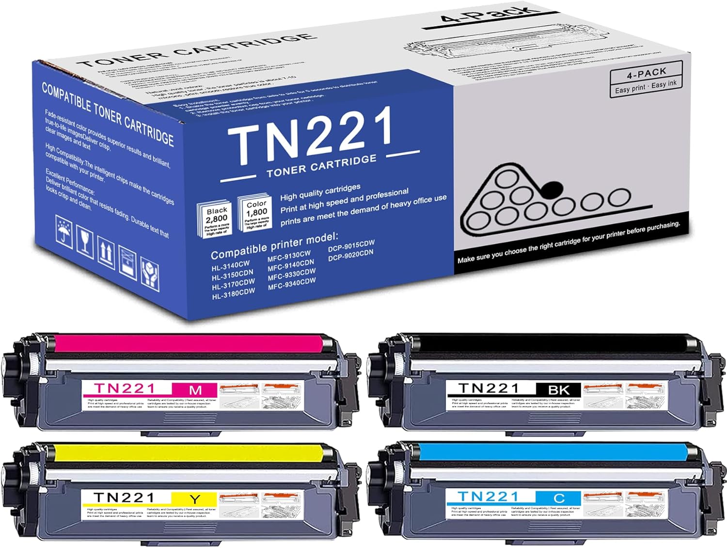 4 Pack TN221 BK/C/M/Y Toner Cartridge High Yield Compatible Replacement for Brother HL-3140CW 3150CDN 3170CDW MFC-9130CW 9140CDN 9340CDW DCP-9015CDW 9020CDN Printer