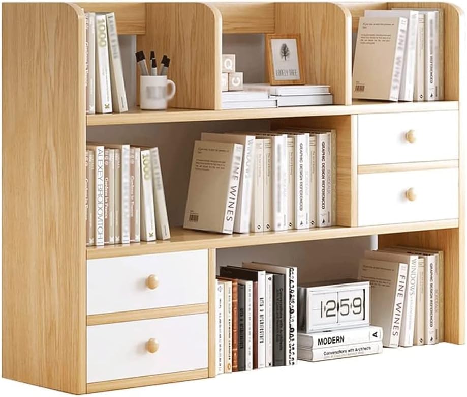 fhda Multi-Layer Desktop Bookshelf with 4 Drawer Bookcase Student Desk Organizer Multifunctional Display Shelf Rack for Office Supplies