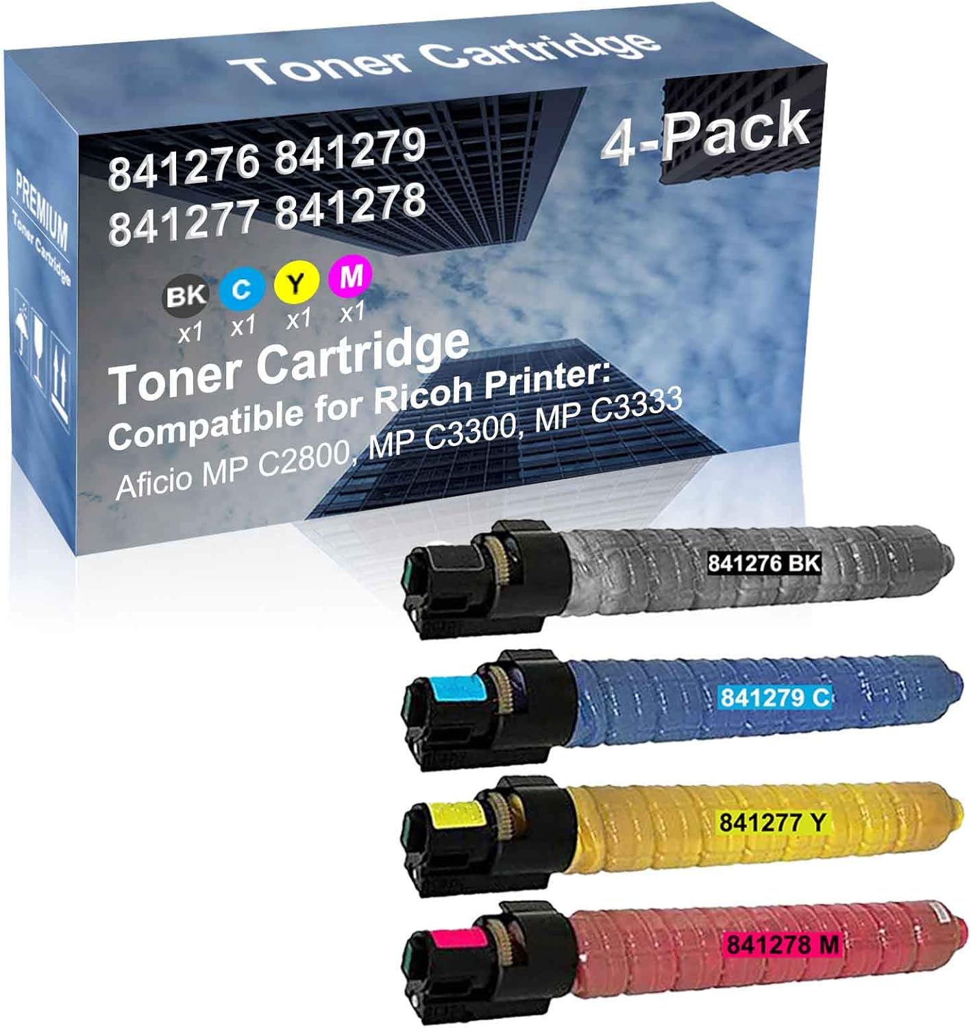 4-Pack (BK+C+Y+M) Compatible High Capacity 841276 841279 841277 841278 Toner Cartridge Used for Ricoh Aficio MP C2800, MP C3300, MP C3333 Printer