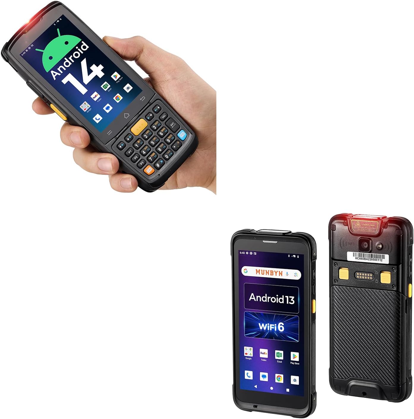 MUNBYN Android 14 Barcode Scanner, 4GB+64GB PDA Handheld, Equipped with Honeywell HS7, and Android 13 Barcode Scanner with 5.5