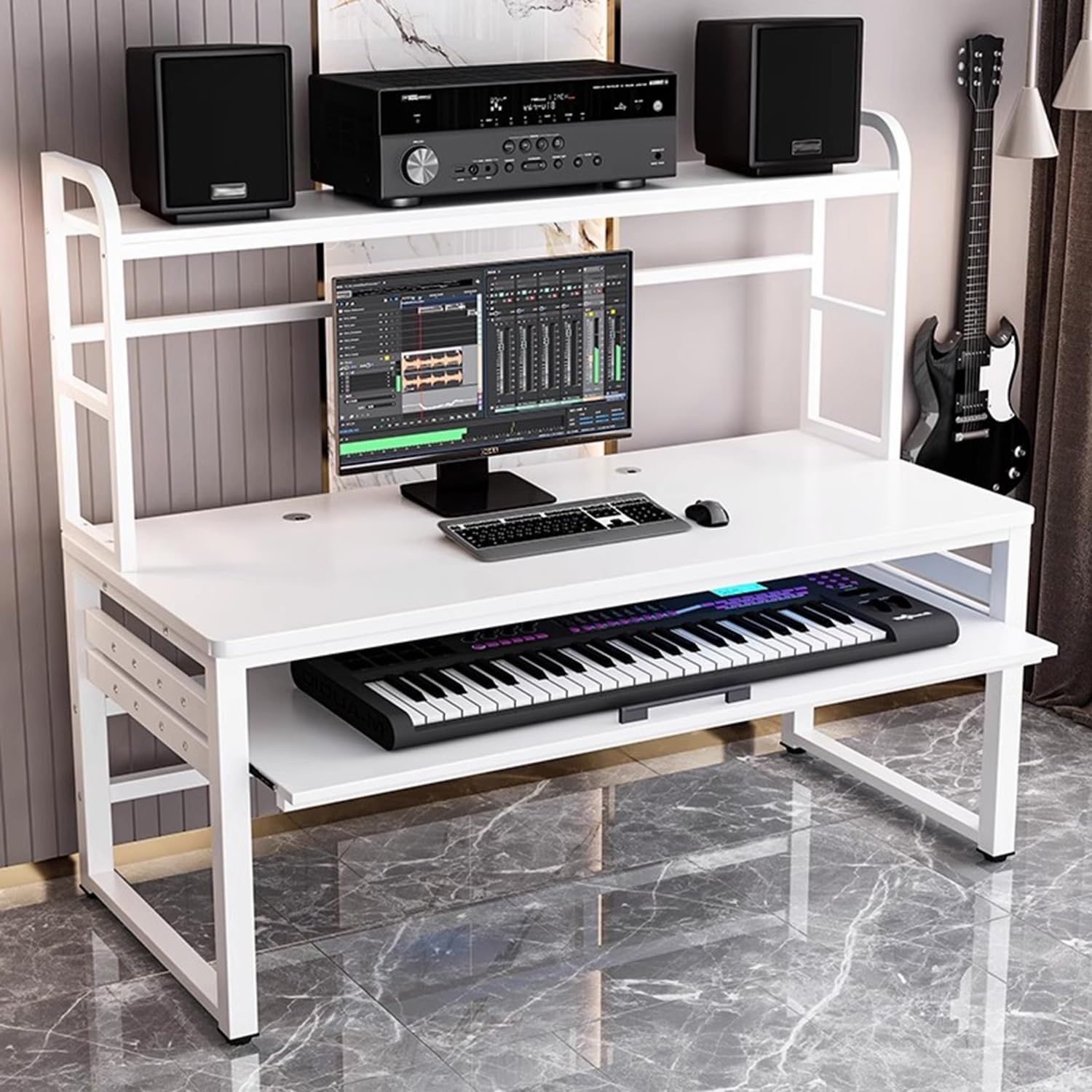 Music Studio Desk Workstation with Keyboard Tray, Organized Wiring & Keyboard Shelf Workbench Electronic Piano Midi Keyboard Music Production Recording Studio(White,70in)