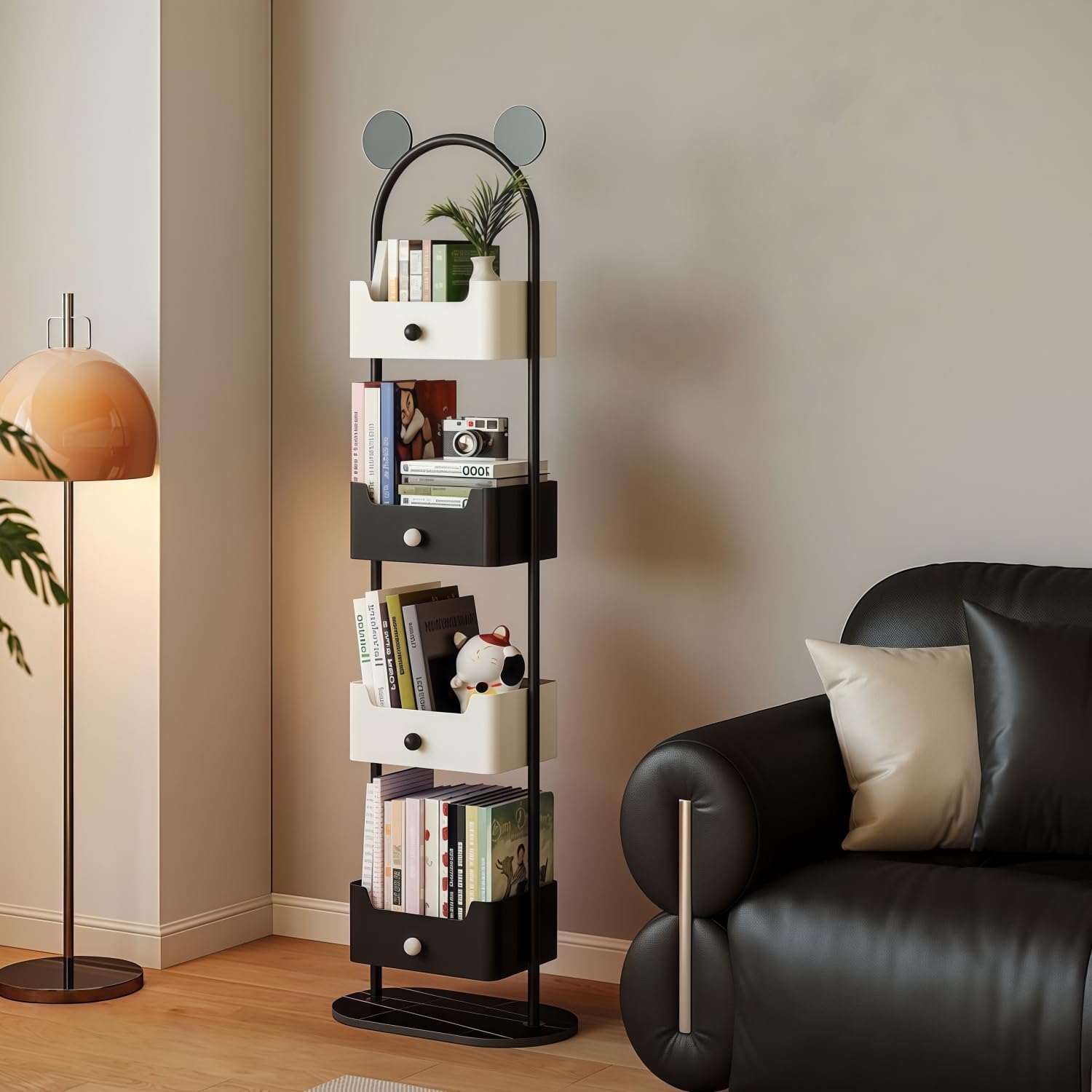 Kavie Iron Bookshelf with Colorful Bins & Mouse Ears, 4-Tier Toy Storage Shelf, Sturdy Narrow Bookcases for Bedroom Corner (Black+White,19.6