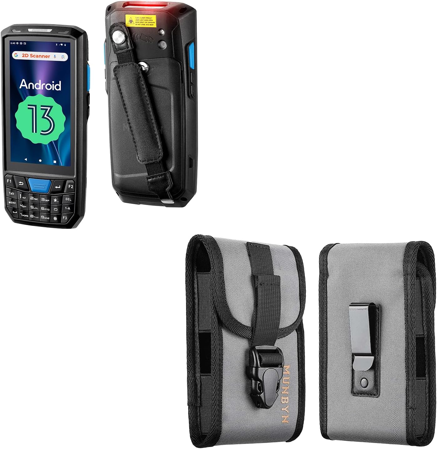 MUNBYN 2024 Android Barcode Scanner 035Pro, Android13 PDA, 4GB+64GB Barcode Scanner with Keypad, and Scanner Holster for Zebra/USPS Scanner, Rugged Carrying Barcode Scanner Holster for Zebra TC75x
