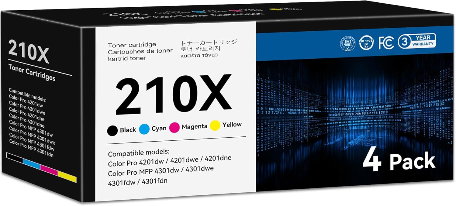 Cmoqtiv 210X Toner Cartridges 4 Pack High Yield Replacement for HP 210X 210A Toner Cartridges for Color Laser Pro MFP 4301fdw 4301fdn 4201dn 4201dw Series Printer W2100X (Black/Cyan/Mangenta/Yellow)