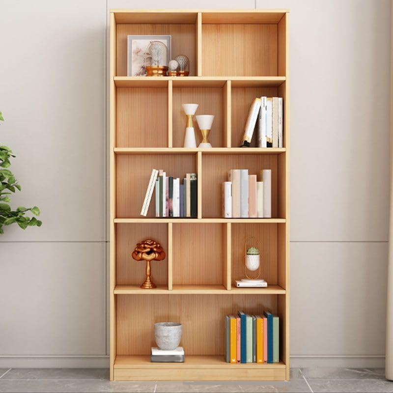 CraftThink Bookcase, Vertical Natural Pine Wood Cube Storage Organizer, Storage Display Cabinet Freestanding 5-Tier with 11-Cube Closed Back Bookshelf for Living Room, 35.5