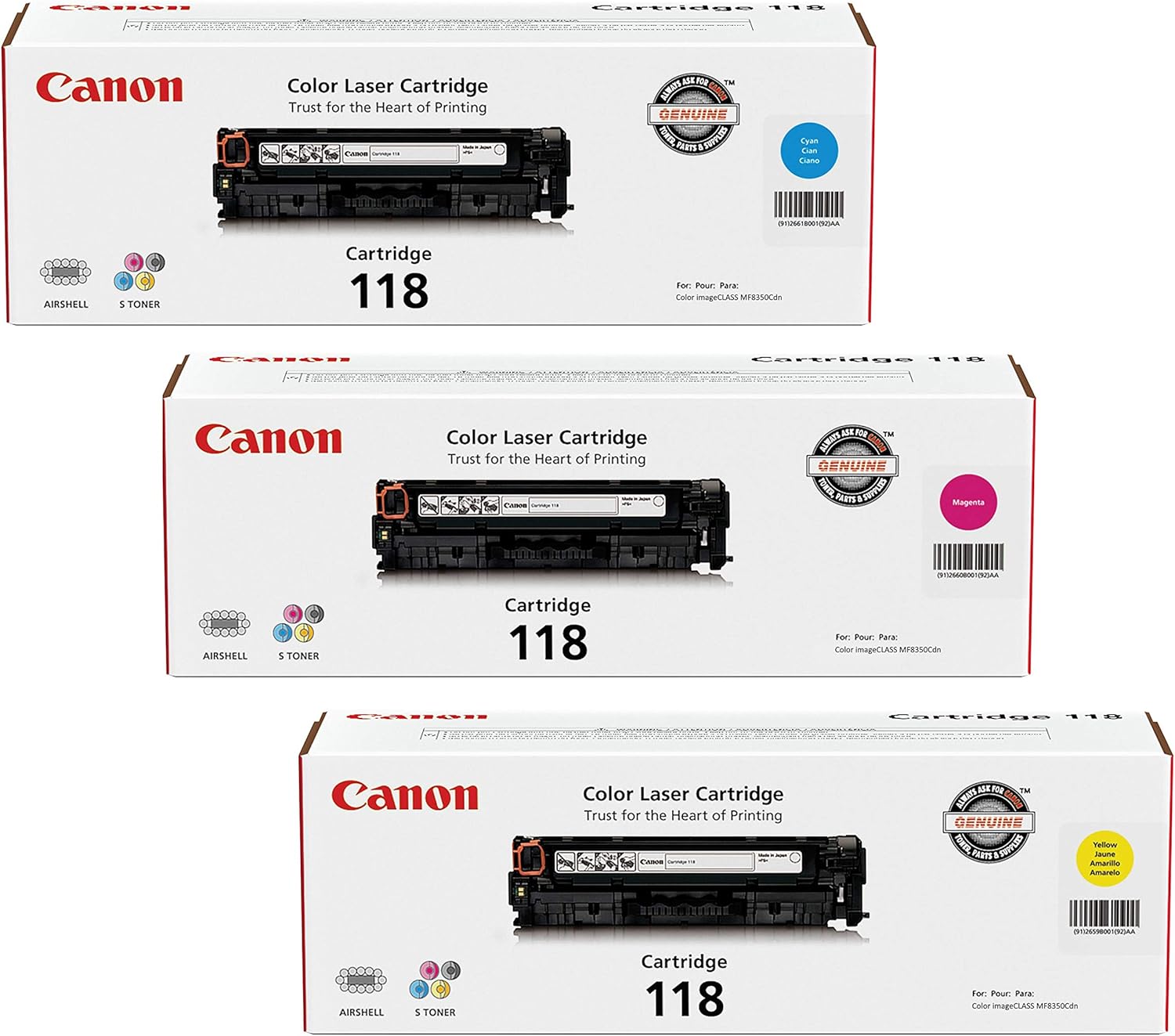 Canon 118 3/pk Laser Cartridge, Yellow (2659B001AA) Magenta (2660B001AA,2661B001AA Cartridge Model 118 Cyan