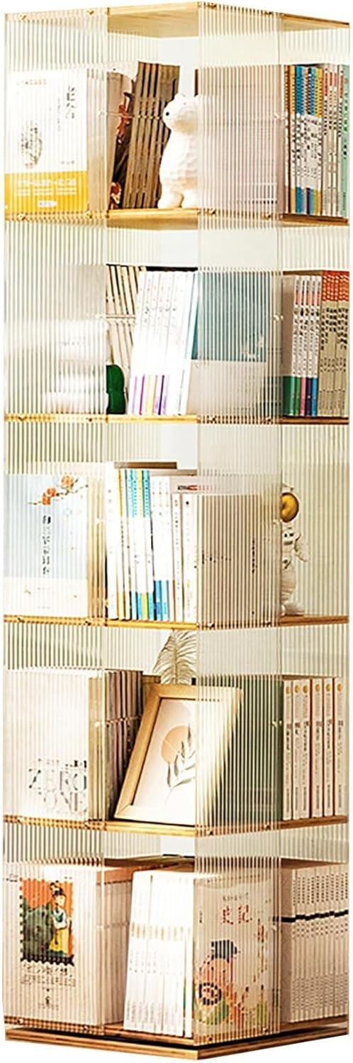 ZHANGLEIYV 360° Rotating Bookshelf Tower, Swivel Bamboo Bookcase with Acrylic Stripes, Space-Saving Storage Display Rack, Vertical Organizer(Stripes,5Tier)