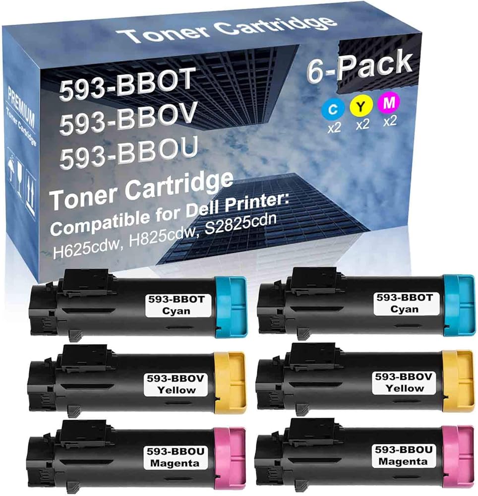 6-Pack (2C+2Y+2M) Compatible High Yield 593-BBOT+ 593-BBOV+ 593-BBOU Laser Printer Toner Cartridge Used for Dell H625cdw, H825cdw, S2825cdn Printer